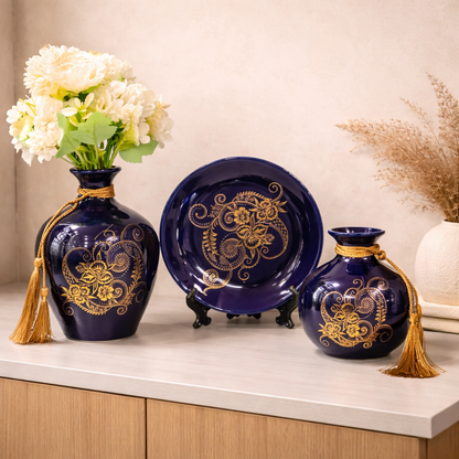 Royal Blue Ceramic Vase & Decorative Plate Set