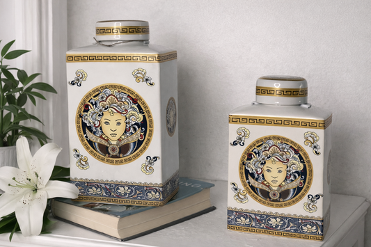 Ivory & Gold Medusa Porcelain Jar – Elegant Decorative Storage Canisters