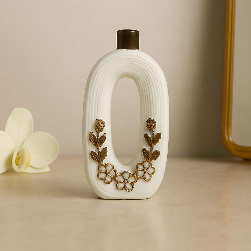 Elegant White Ceramic Hollow Vase with Golden Floral Detailing